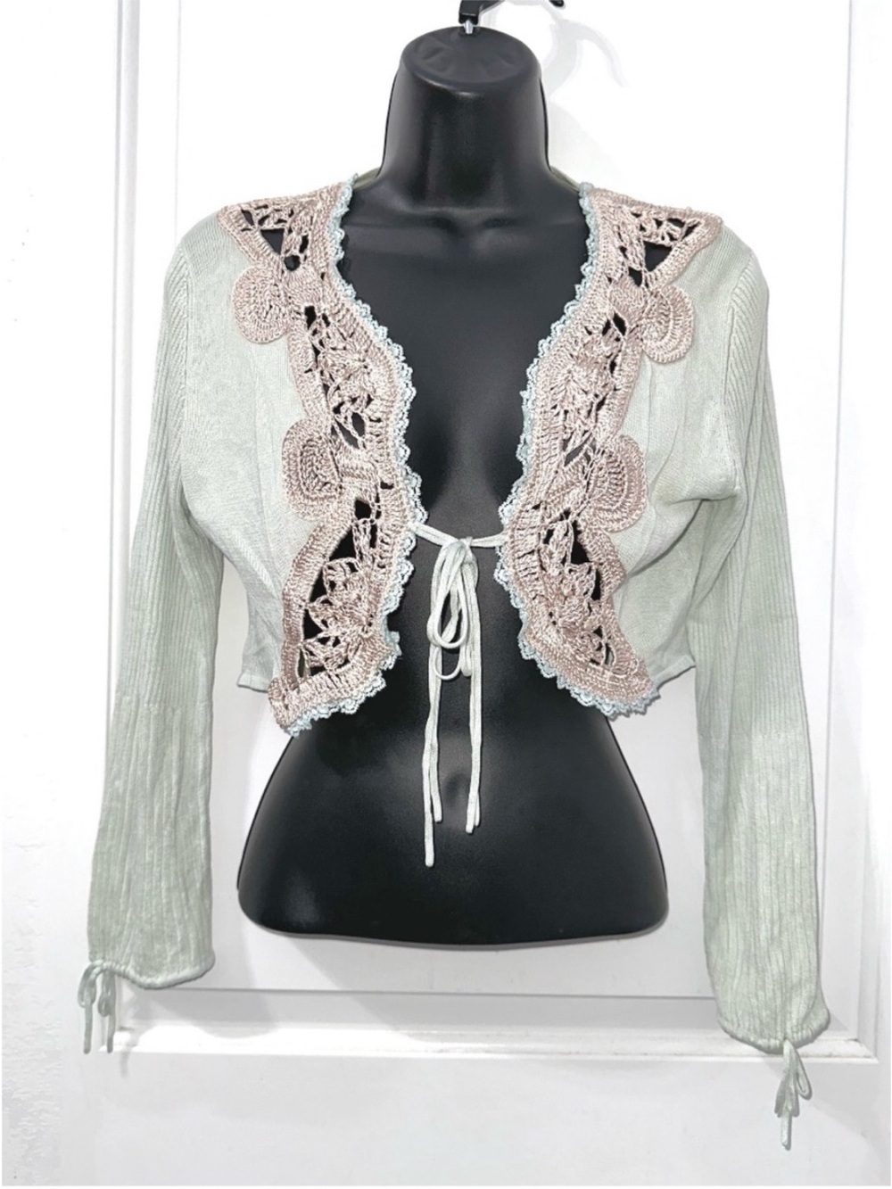 Bebe Y2K light Green Crop Crotchet Detail Cardigan size Medium